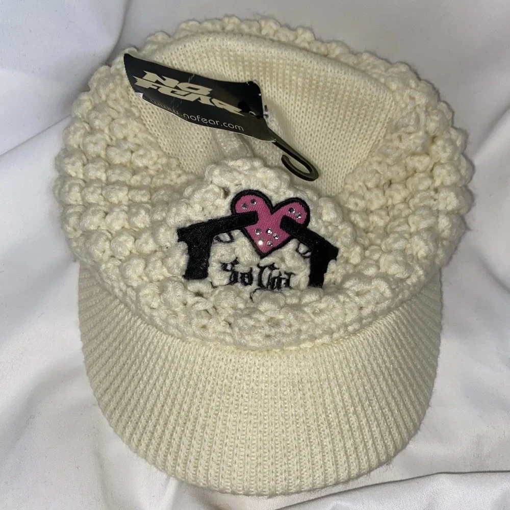 Y2K 2000s No Fear Womens Knit Beanie Hat Embroidered Heart Gun Skater NWT